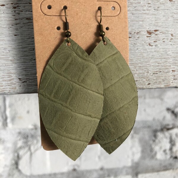 Olive Green Leather Earrings,  Soft Leather Earrings, Boho Chic