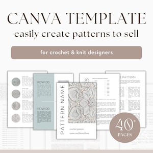 May include: A Canva template for crochet and knit designers, featuring a white crochet pattern with a light grey background. The template includes 40+ pages and instructions for creating patterns to sell.