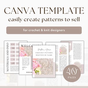 Könnte beinhalten: Eine Canva-Vorlage für Häkel- und Strickdesigner mit einem rosafarbenen Blumendesign und dem Text "Pattern Name Crochet Pattern Written By Name". Die Vorlage umfasst über 40 Seiten mit Materialien und Informationen, eine Willkommensseite und ein Häkelmuster.