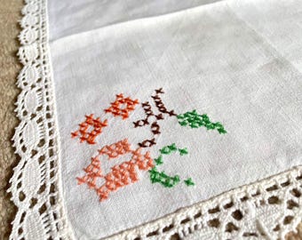 Vintage Embroidered Tray Cloth: Floral Linen Table Centerpiece
