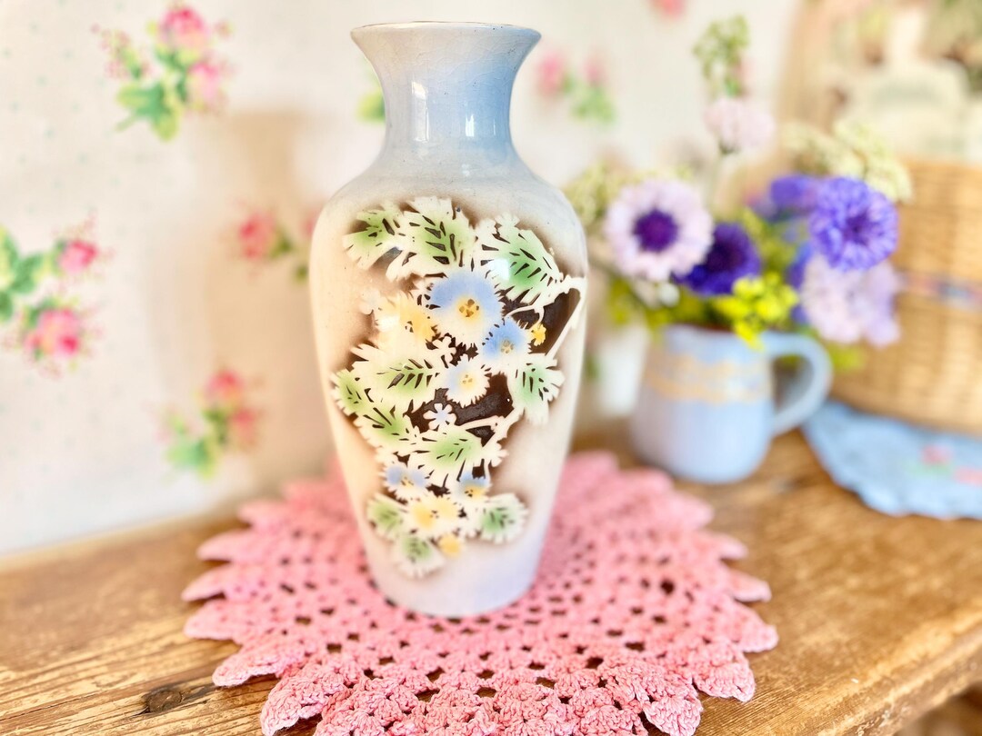 Vintage Vase/vintage Blue Vase/blue Floral China/large Vintage Vase