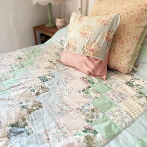 Colcha de retalhos individual verde e azul, manta, colcha vintage, cobertor, roupa de cama.