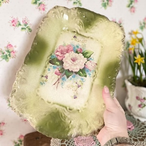 Victorian Rose Plate: Cream & Green Serving Dish