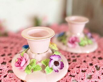 Candle sticks/ vintage candle sticks/vintage decor /pink decor /floral china candle/ gift for her /vintage gift