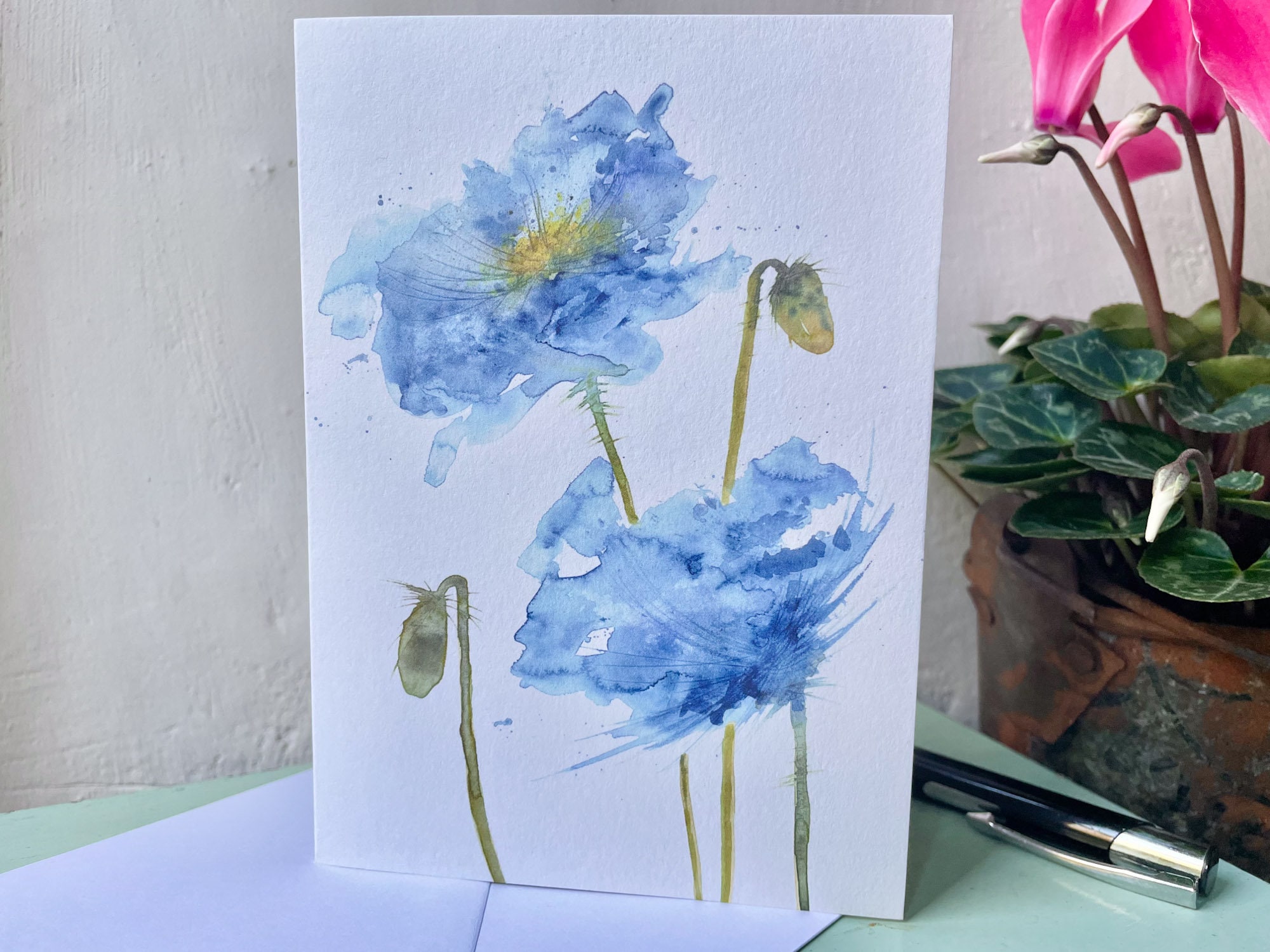 青いポピーの花のグリーティングカード：手描きの水彩画 - Etsy 日本