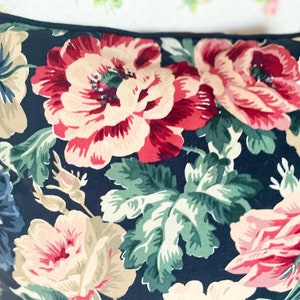 Vintage Floral Fabric Cushion: Pink Flowers, Navy Background (50cm Square)