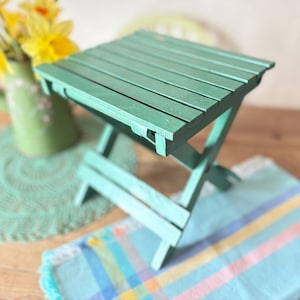 Vintage Folding Table: Green Painted Wood Plant Stand, Side Table