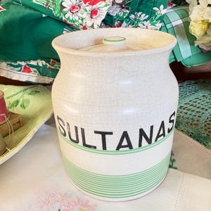 Tarro de almacenamiento vintage para pasas sultanas, olla de cerámica con rayas verdes para utensilios de cocina.