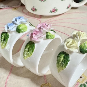 Vintage China Napkin Rings: Pink, Blue & Lemon Roses - Set of 3