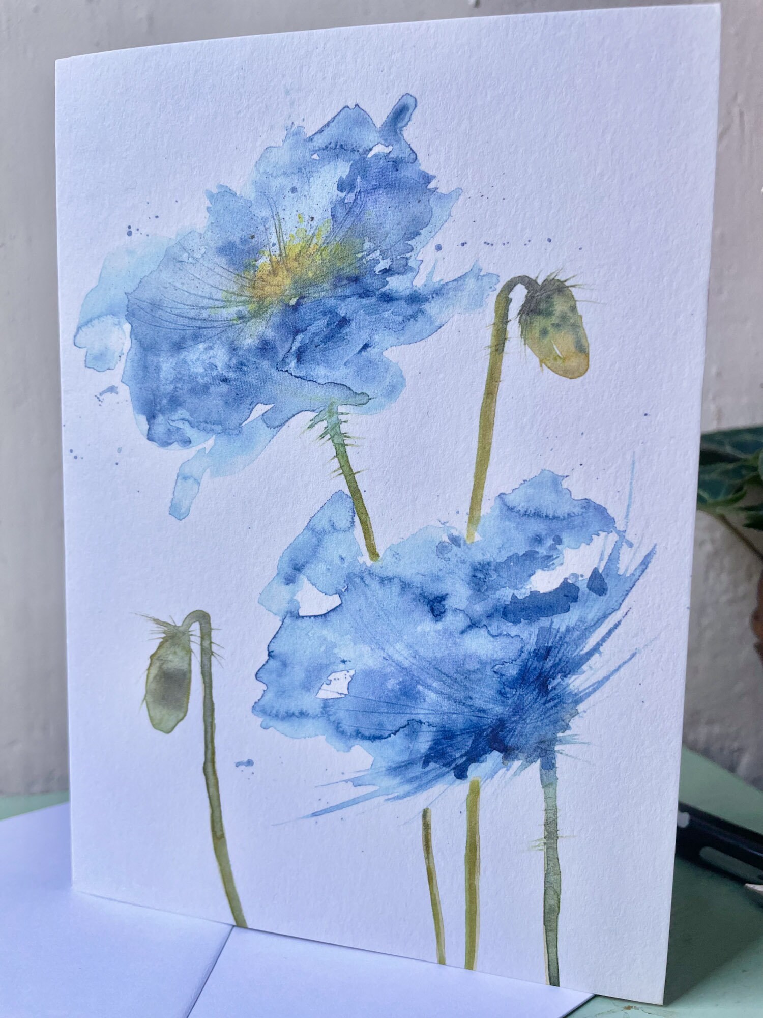 青いポピーの花のグリーティングカード：手描きの水彩画 - Etsy 日本