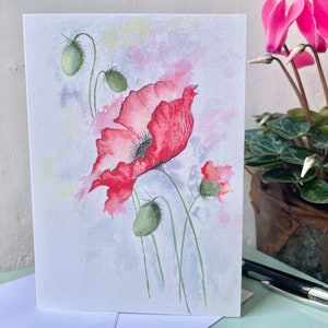 Carte de voeux/pavot/carte d'anniversaire/carte de voeux vierge/fleurs aquarelles peintes à la main/pavots aquarelles/artiste local