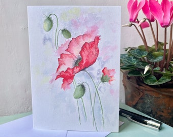 Hand-Painted Watercolor Poppy Flower Greetings Card