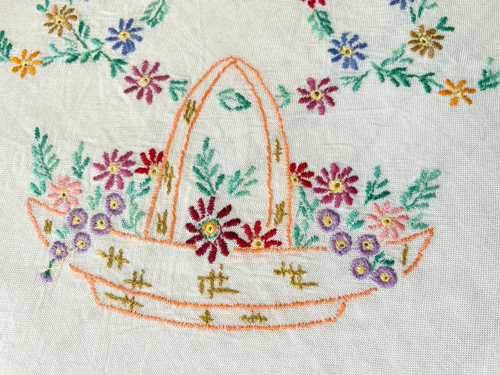 フランスヴィンテージ テーブルクロス　刺繍入り 刺繍入り花柄ヴィンテージテーブルクロス：フレンチカントリー風