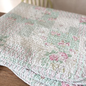 Patchwork Quilt Throw, Pink Green Ditsy Floral Vintage Style Blanket