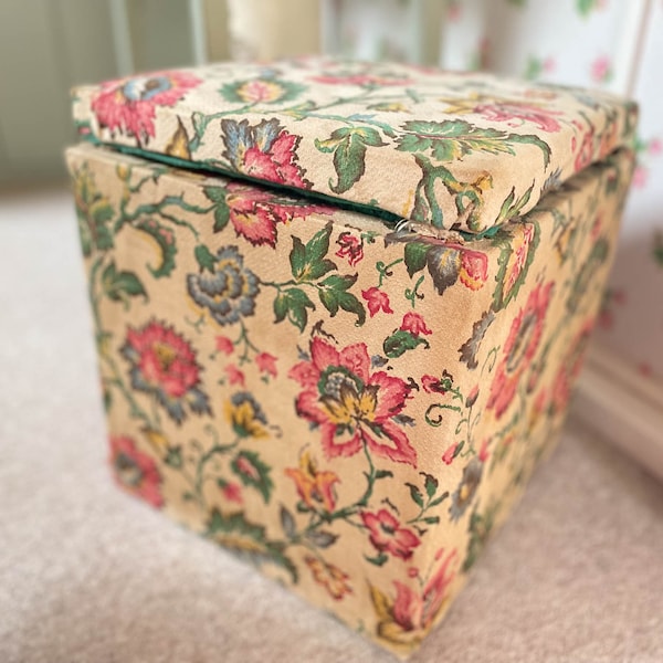 Vintage sewing box/floral sewing box/vintage haberdashery/tapestry sewing box/tapestry stool storage box/ vintage decor/ foot stool