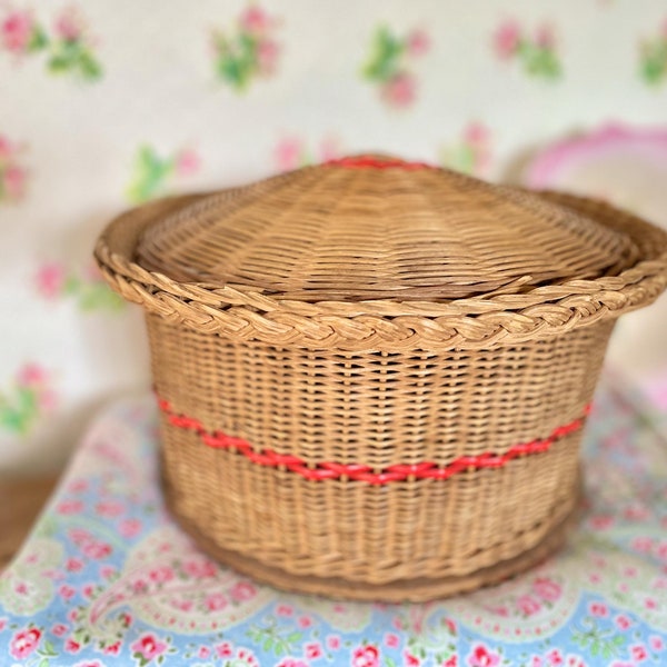 Vintage Sewing basket, red sewing basket, round vintage basket, vintage home decor, basket with lid, vintage storage