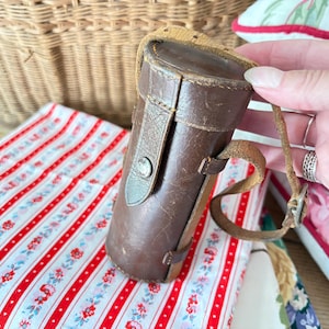Vintage leather storage case/small round/industrial decor