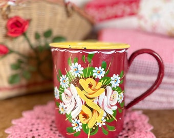 Vintage Krug/Blumen-Bargeware-Krug/roter Blumenkrug/Keramik-Krug/Vintage-Dekor/blumenroter Krug