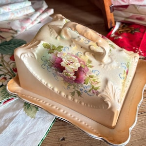 Vintage Floral China Butter Dish: Victorian Rose Cottage Decor