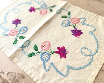 ヴィンテージ刺繍クロス　リネン　花柄刺繍テーブルクロス ヴィンテージ刺繍花柄テーブルクロス：フレンチスクエアリネン装飾