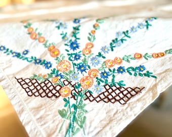 可愛らしいビンテージの正方形の手刺繍のテーブルクロス。白地にピンク