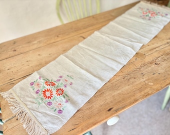 刺繍花ヴィンテージテーブルクロス：フレンチカントリーリネン、106 cm
