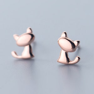 Tiny Cat Silhouette Stud Earrings, Sterling Silver, Rose Gold Colour, Small Cute Studs, Simple Everyday Jewellery, Gifts for Her