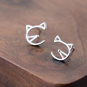 Cat Face Stud Earrings, Sterling Silver, Cut Out Design, Minimalist Everyday Jewellery, Cute Playful Style, Small Studs, Gifts for Her