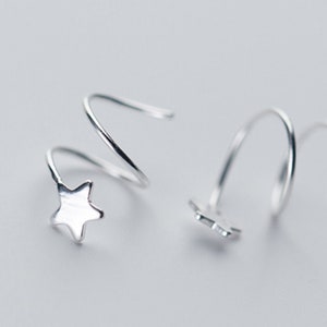 Star Spiral Earrings, Sterling Silver Open Hoops, Double Piercing Effect, Cute Simple Jewellery, Everyday Minimalist Earrings, Gifts for Her