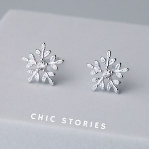 Sterling Silver Snowflake Stud Earrings, Tiny Crystal Details, Small Cute Sparkly Studs, Simple Elegant Design, Winter, Gifts for Her