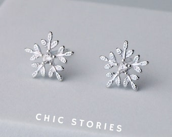 Sterling Silver Snowflake Stud Earrings, Tiny Crystal Details, Small Cute Sparkly Studs, Simple Elegant Design, Winter, Gifts for Her