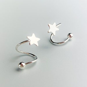 Star Spiral Earrings with Screw Ball Backs, Sterling Silver, Double Pierced Effect, Minimalist Modern Design, Unique Earrings, Gifts for Her