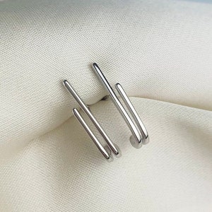 Sterling Silver Double Bar Stud Earrings, Hooked Design, Huggie Effect, Simple Modern Style, Everyday Earrings, Small Studs, Gifts for Her