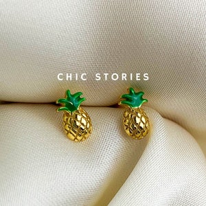 Tiny Pineapple Studs, Sterling Silver with Yellow Gold and Green Colour, Fun Cute Jewellery, Small Everyday Studs, Tropical, Gifts for Her