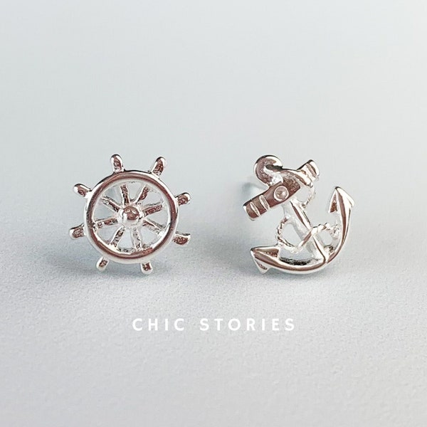 Asymmetrical Nautical Earrings, Small Sterling Silver Studs, Anchor and Steering Wheel, Minimalist Everyday Jewellery, Gifts For Her