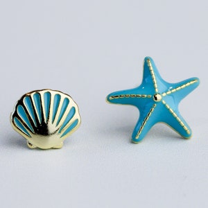 Sterling Silver Asymmetrical Stud Earrings, Sea Shell and Star Fish, Blue and Gold Studs, Gifts For Her, Gifts For Friends, Chic Stories
