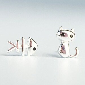 Sterling Silver Cat and Fish Bone Earrings, Post Stud Earrings, Asymmetrical Set, Cute Earrings, Gifts For Her, Kid's Earrings, Chic Stories