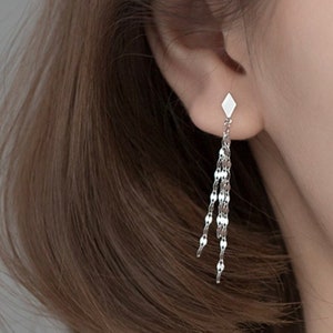 Sterling Silver Diamond Shape Chain Drop Stud Earrings, Short Dangle Earrings, Simple Elegant Design, Formal Party Jewellery, Gifts for Her