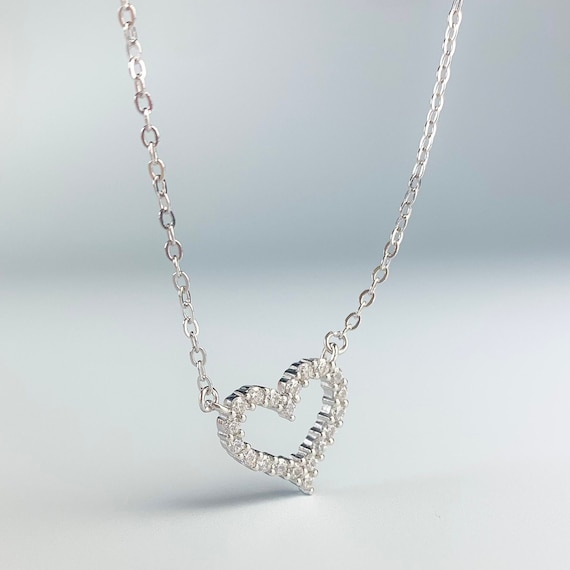 Crystal Heart Pendant Necklace Sterling Silver Thin Delicate 