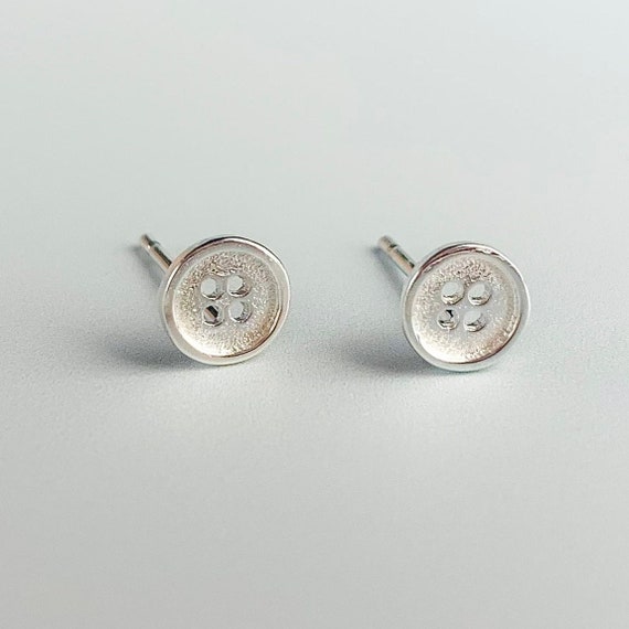 Tiny Button Stud Earrings Sterling Silver With Textured Surface