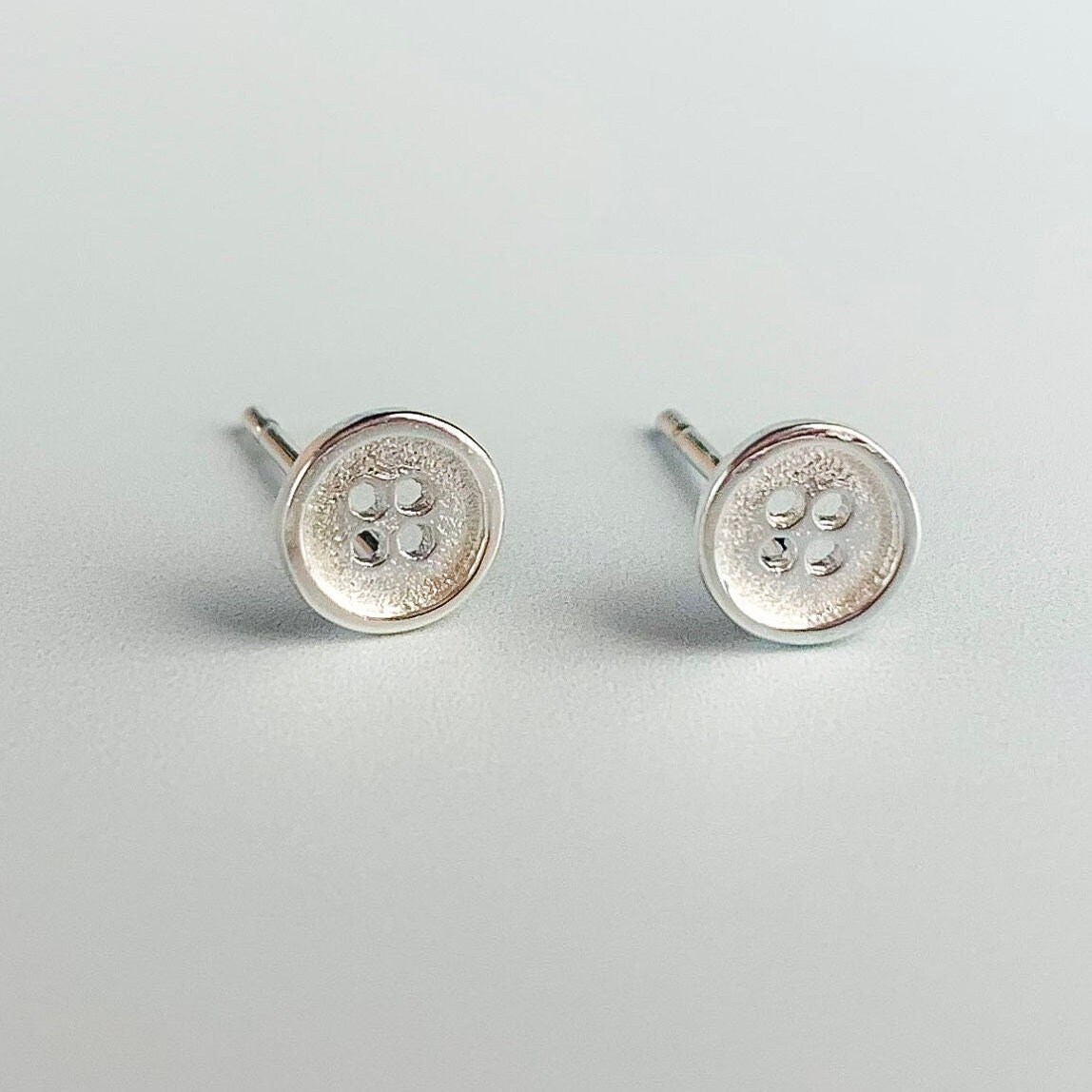 Tiny Button Stud Earrings Sterling Silver With Textured Surface