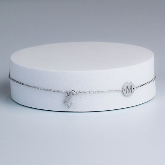 Sterling Silver M Initial Anklet With Tiny White Crystal Detail