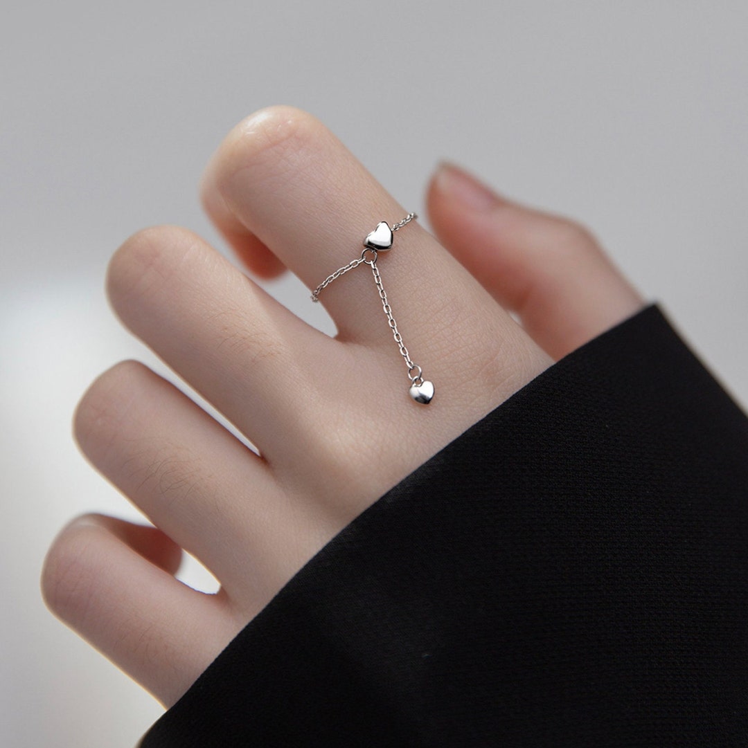 Adjustable Chain Ring With Tiny Heart Dangle, Sterling Silver, Sliding