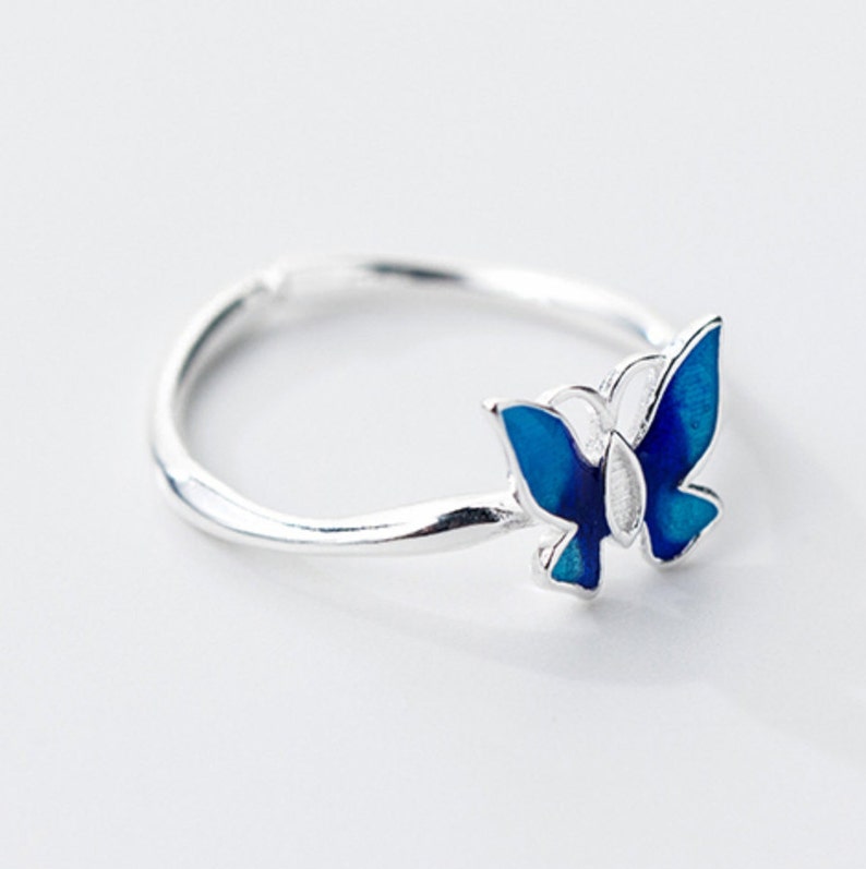 Silver Ring Blue Butterfly Ring Adjustable Ring Stackable Etsy
