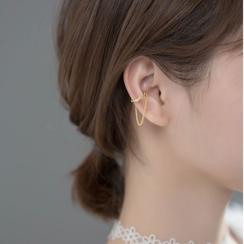 Sterling Silver Ear Cuff With Chain Gold Colour Plated Ear Etsy