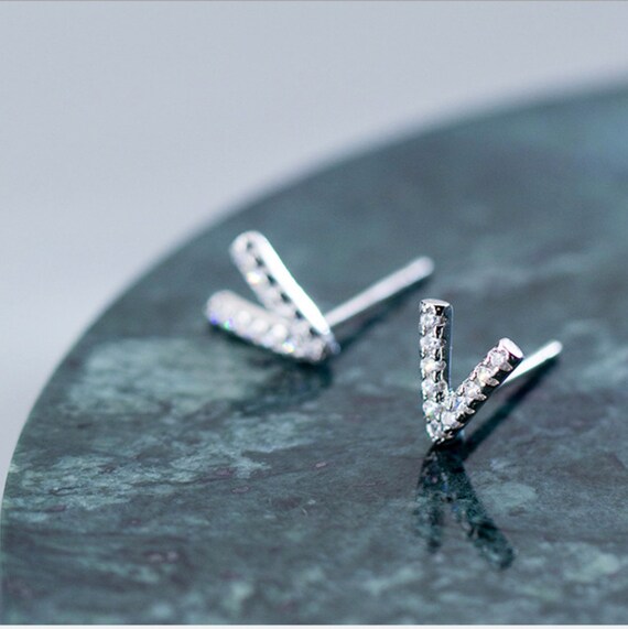 Tiny Chevron Crystal Stud Earrings Sterling Silver With White