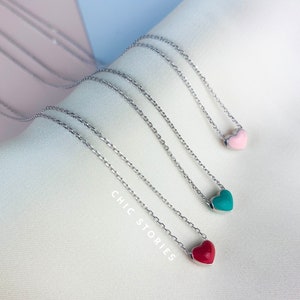 Sterling Silver Tiny Heart Pendant Necklace, Red, Pink or Green Colour, Small Cute Necklace, Simple Minimalist Jewellery, Gifts for Her