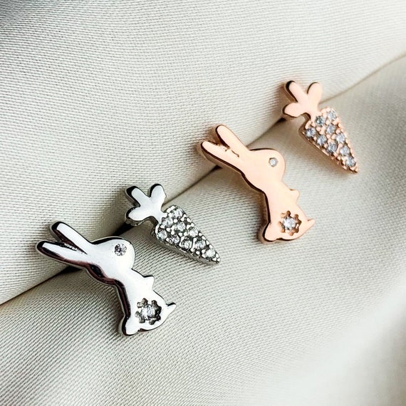 Sterling Silver Cute Bunny and Carrot Studs Asymmetrical Set
