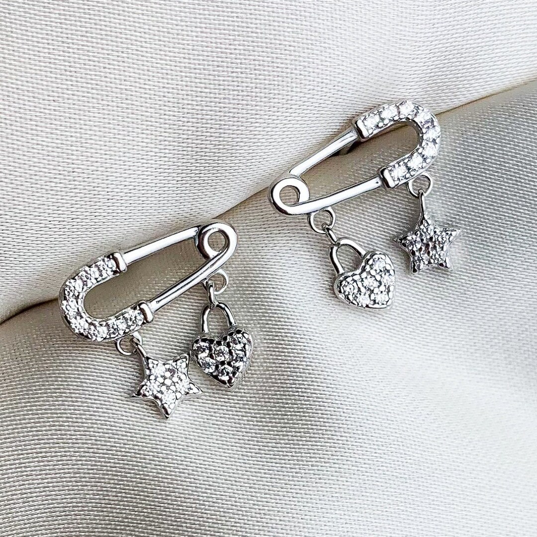 Sterling Silver Safety Pin Stud Earrings, Safety Pin Studs With Drop Charms, Heart Charm, Star