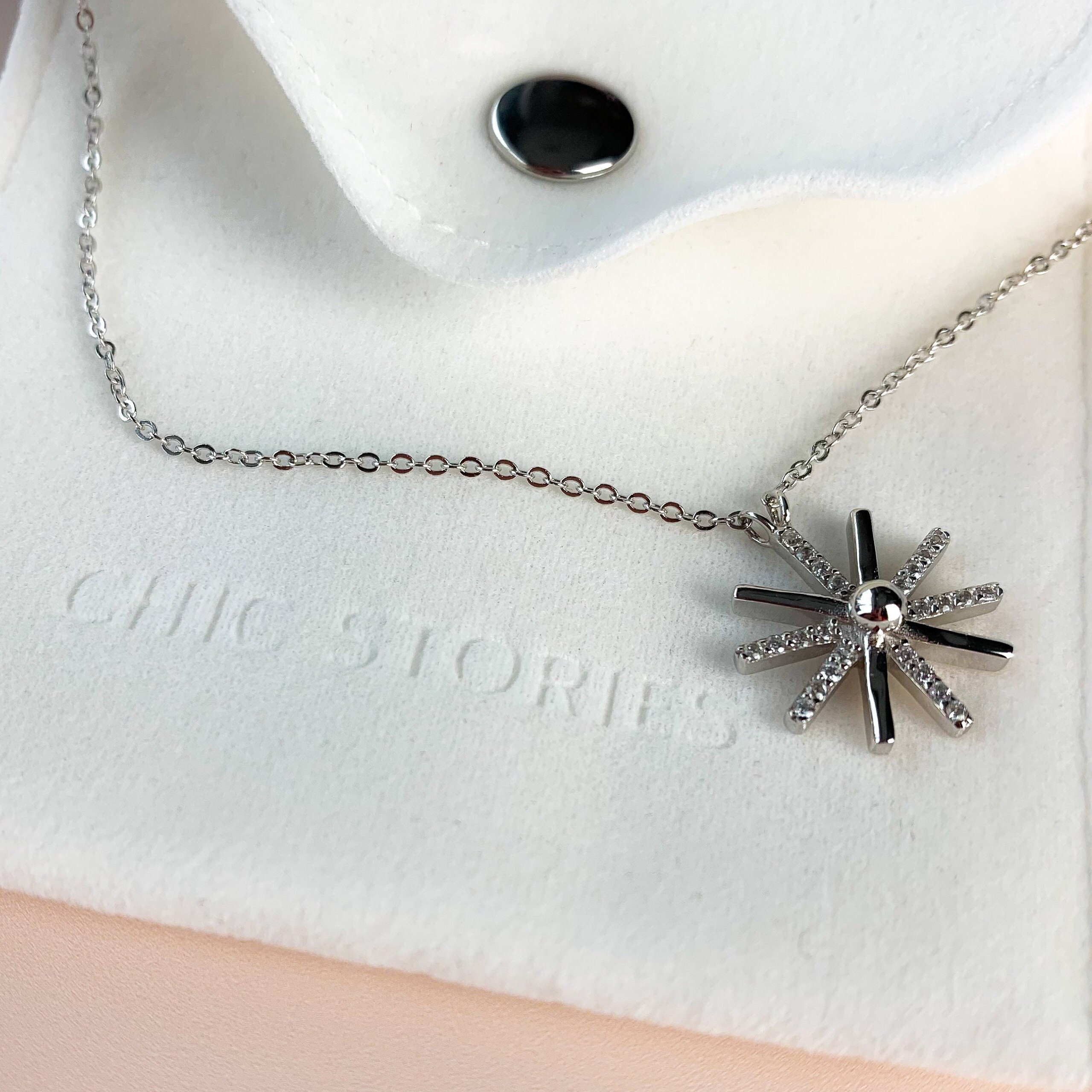 Sterling Silver Sun Burst Pendant Necklace Tiny Crystal Details